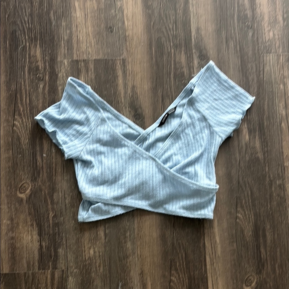 SHEIN Light Blue Ribbed Wrap Blouse